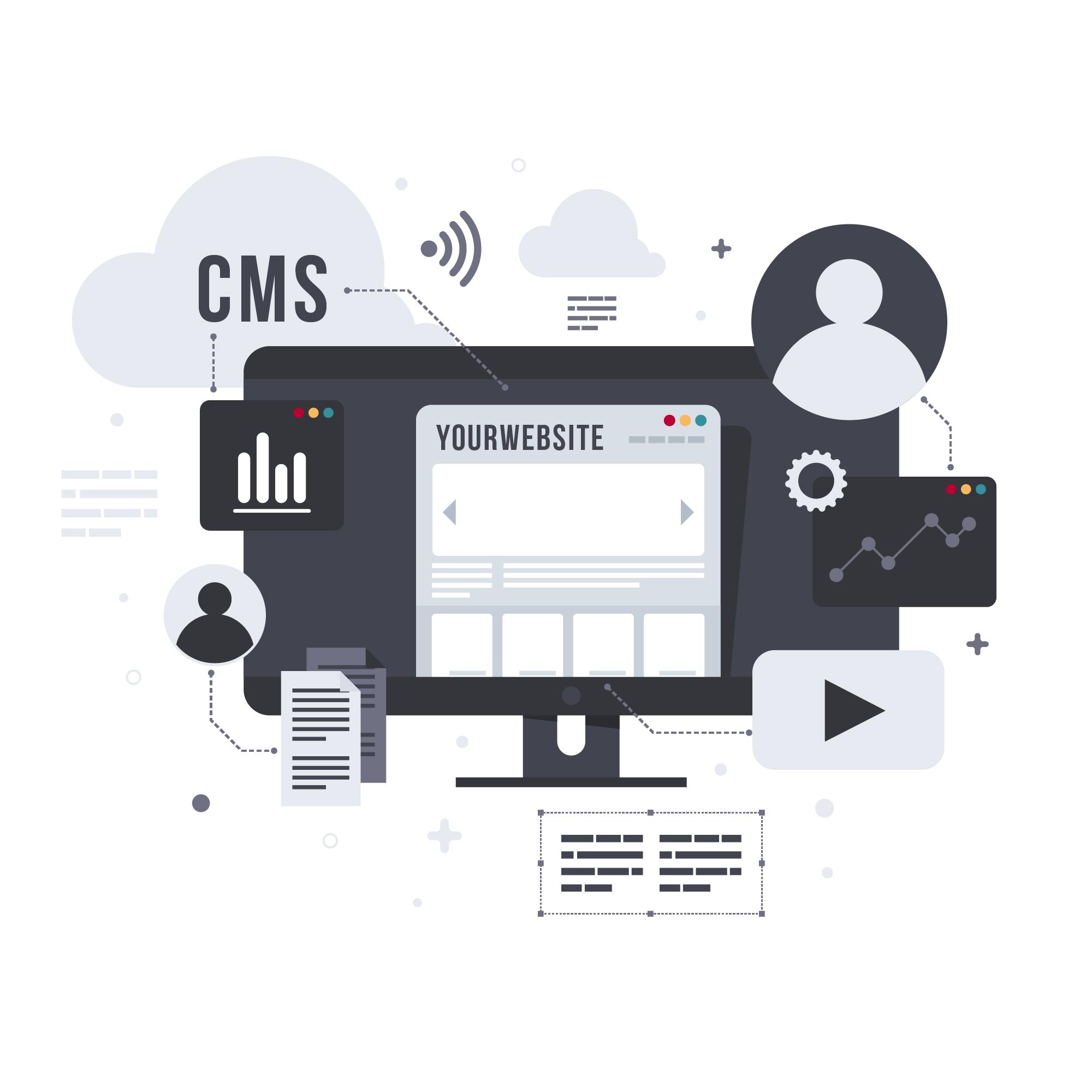 Web design workspace with two large screens showing website layouts