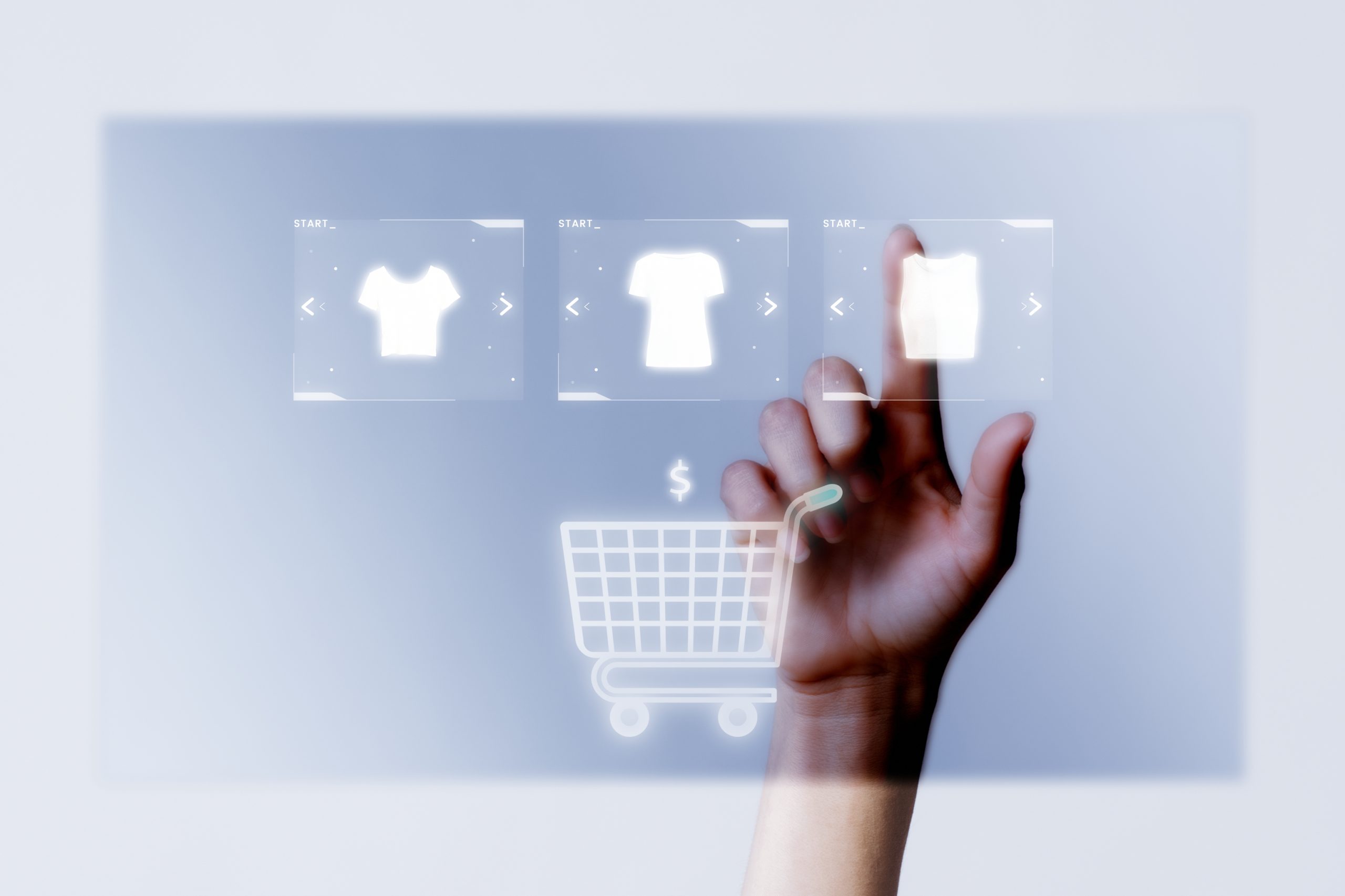 Digital online shop interface with products and shopping cart